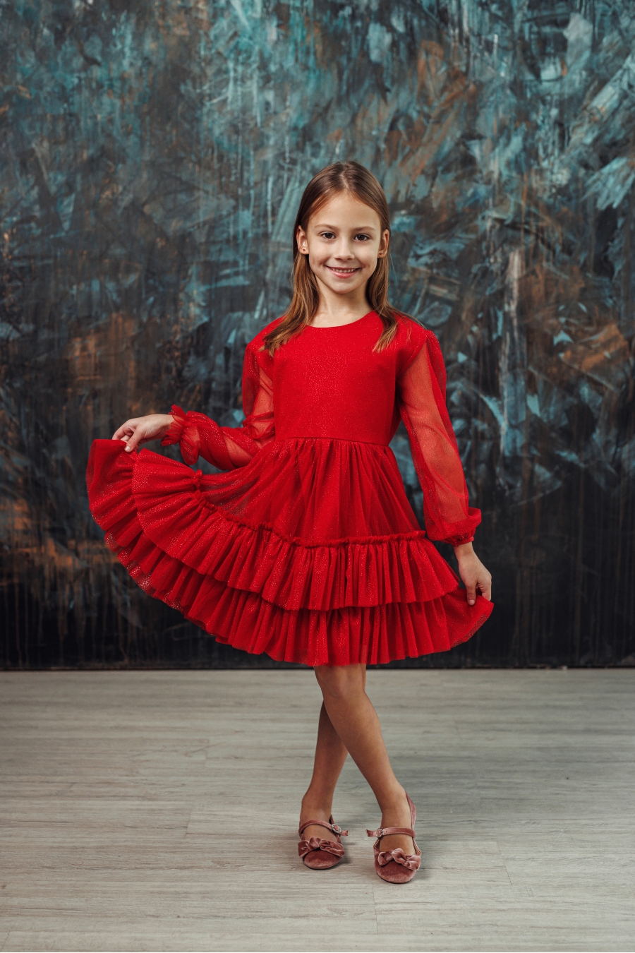 ,,Mini red spangle" mergaitės tiulinė suknelė
