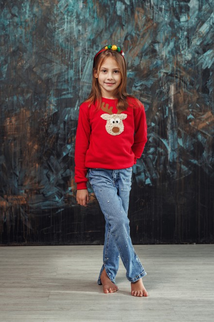Girl's red Christmas jumper with a "Teddy" reindeer – another view