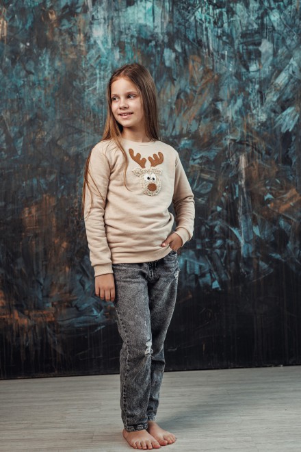 Girl's sand Christmas jumper with a "Teddy" reindeer – another view