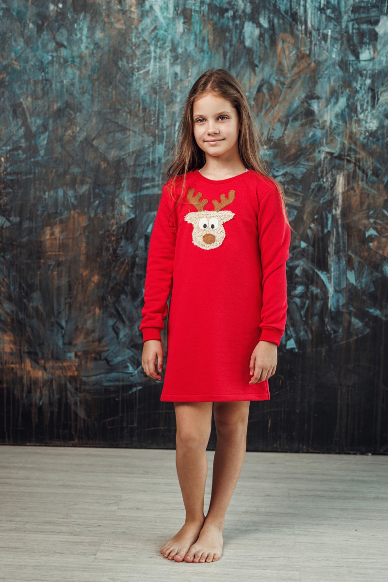 Girl's red dress with a "Teddy" reindeer