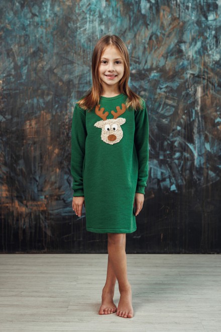 Girl's green dress with a "Teddy" reindeer