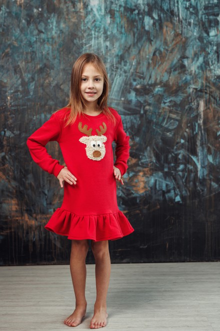 Girl's red dress with a ruffle and a "Teddy" reindeer