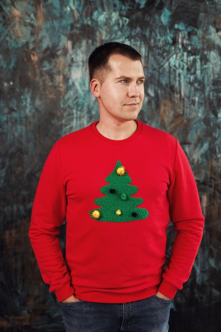 Men's red Christmas jumper with a decorated Christmas tree