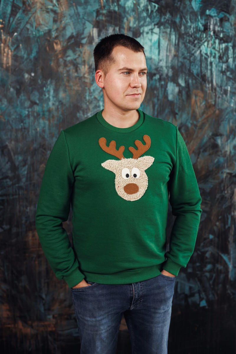 Men's green Christmas jumper with a "Teddy reindeer"