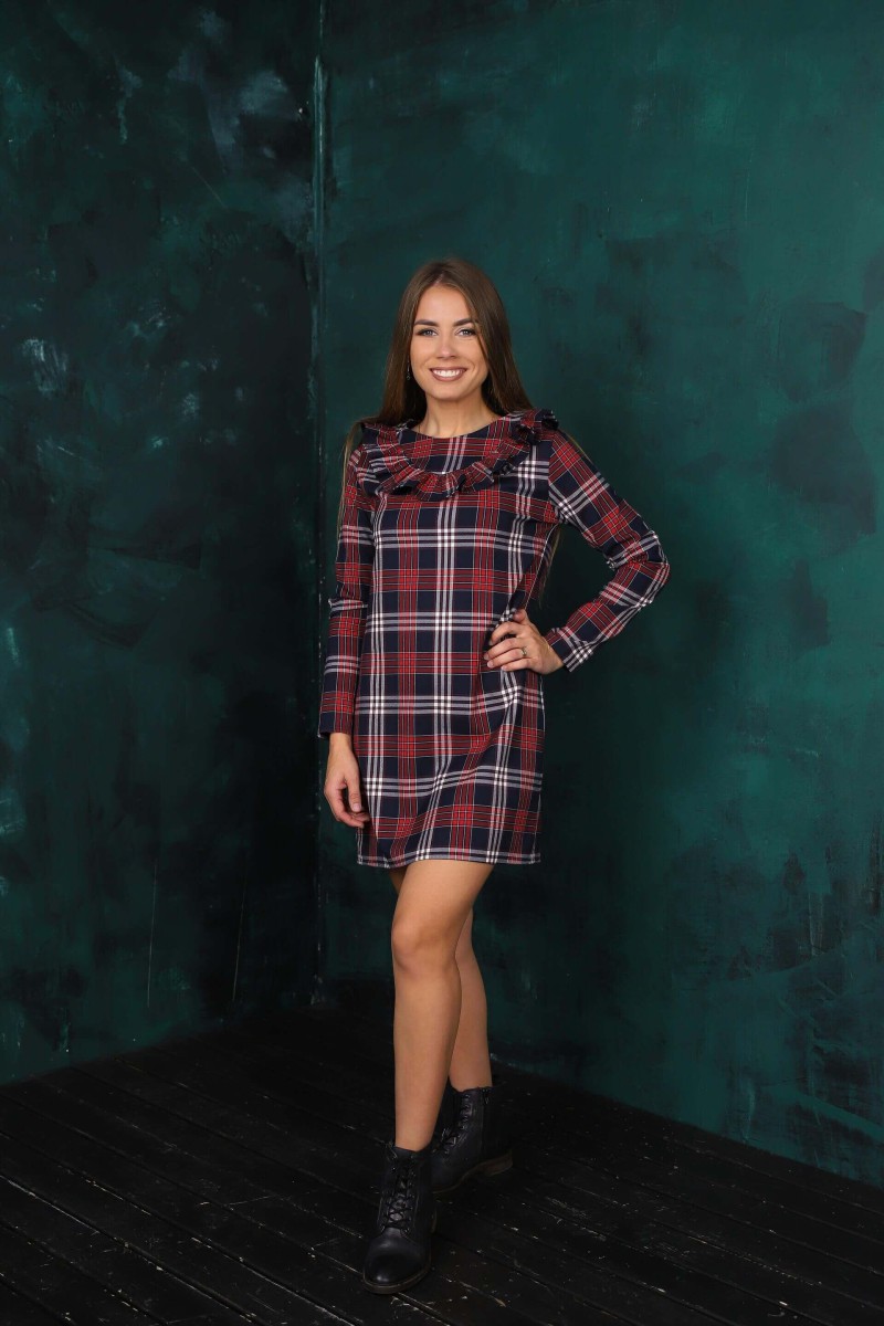 Checked Christmas dress with a decorated collar