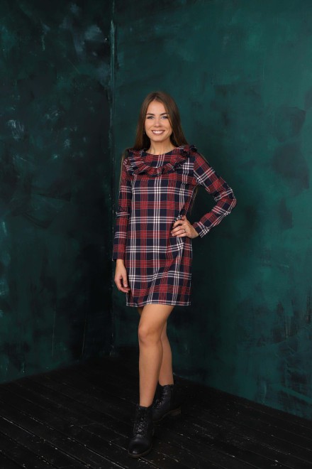Checked Christmas dress with a decorated collar