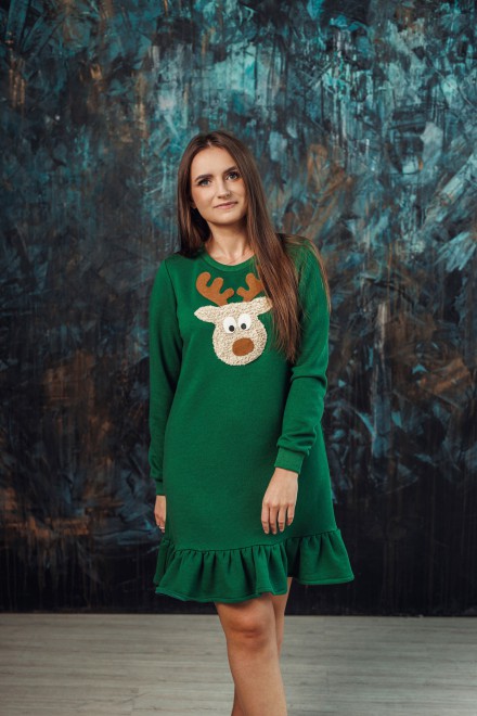 Green Christmas dress with a ruffle and a "Teddy" reindeer
