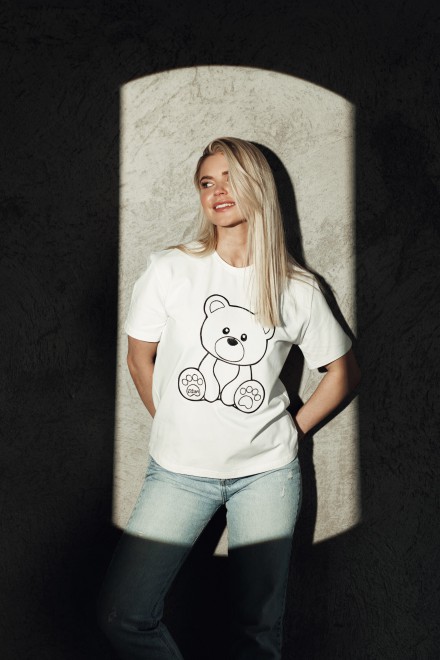 White DZAN T-shirt with a teddy bear
