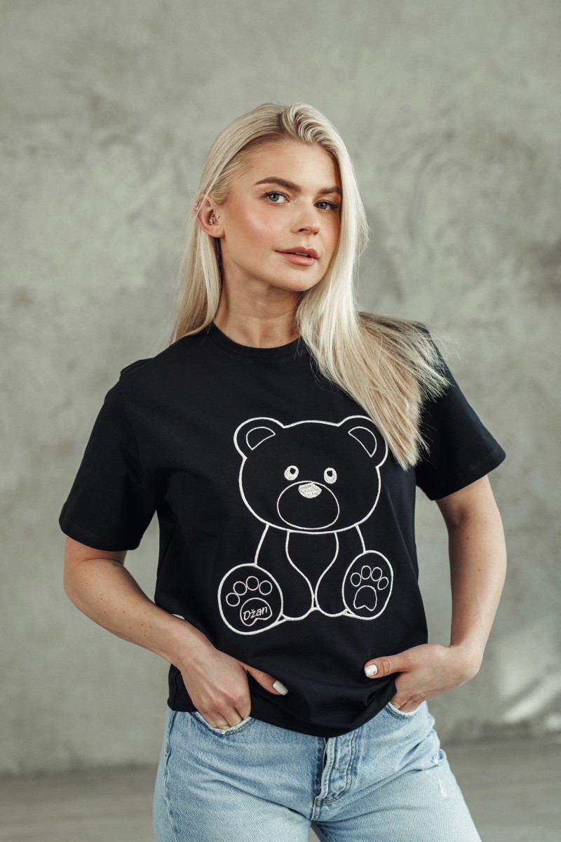 Black DZAN T-shirt with a teddy bear