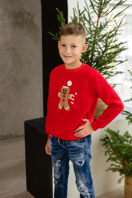 Boy's red Christmas jumper with gingerbread – another view