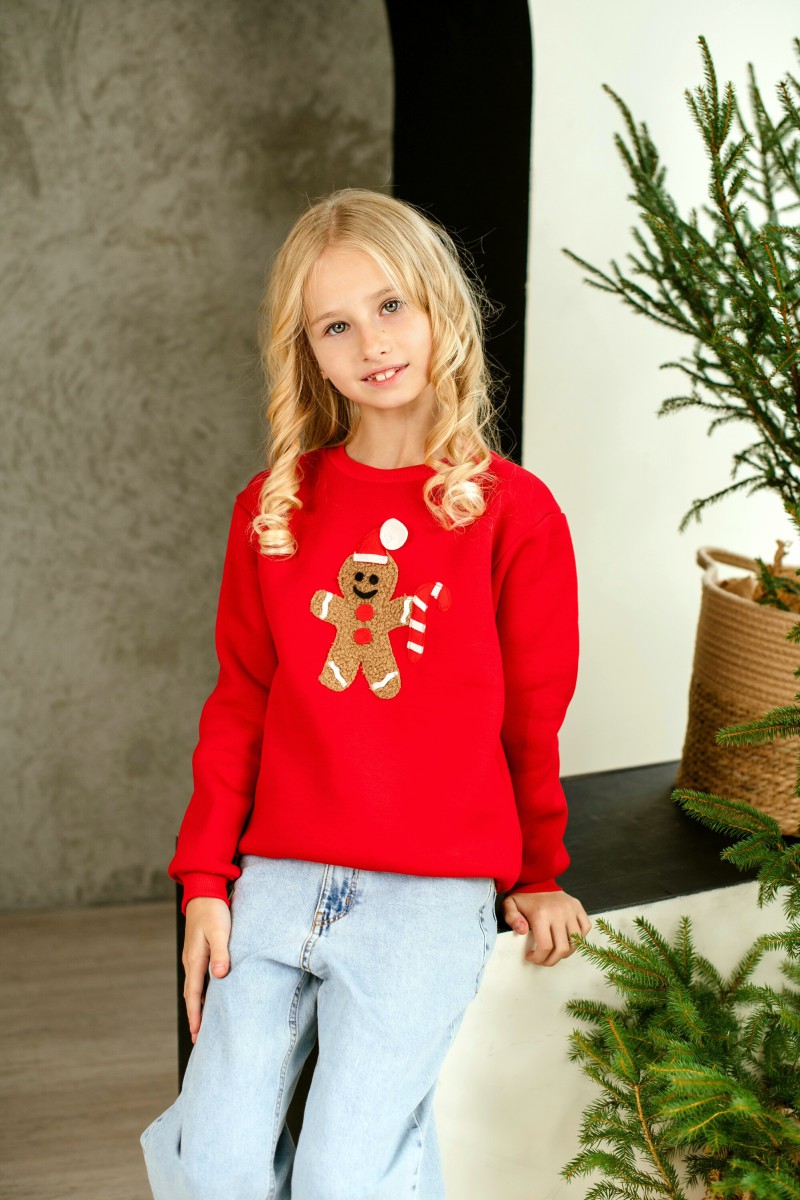 Girl's red Christmas jumper with gingerbread