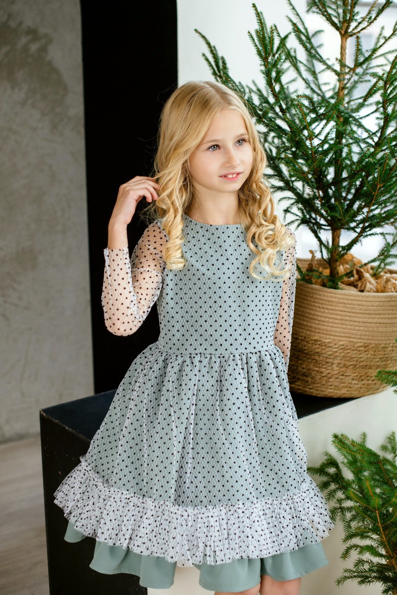 Pale green polka dot tulle dress, size 134 – photo 2