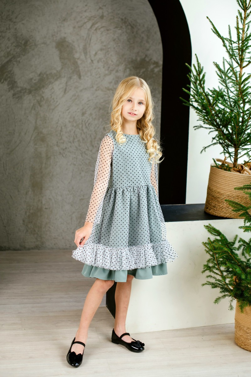 Pale green polka dot tulle dress, size 134 – photo 4