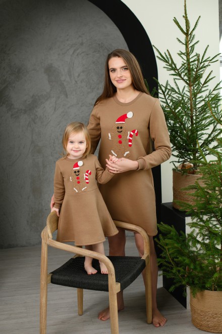 Girl's brown puffy dress with gingerbread