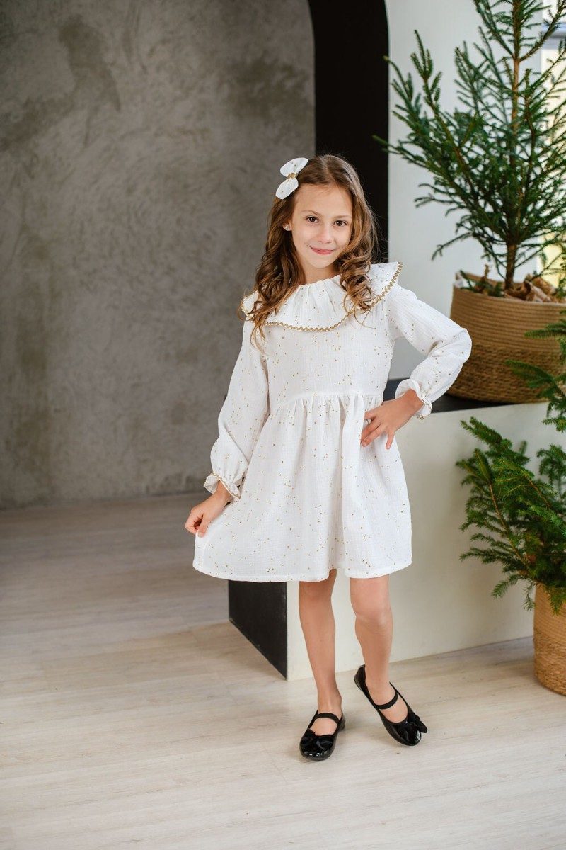 White dress with gold dots