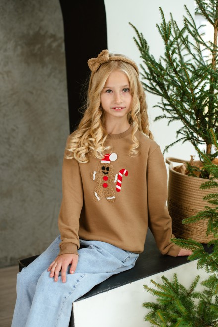 Girl's brown Christmas jumper with gingerbread or a reindeer