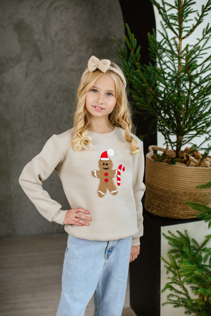 Girl's sand Christmas jumper with gingerbread