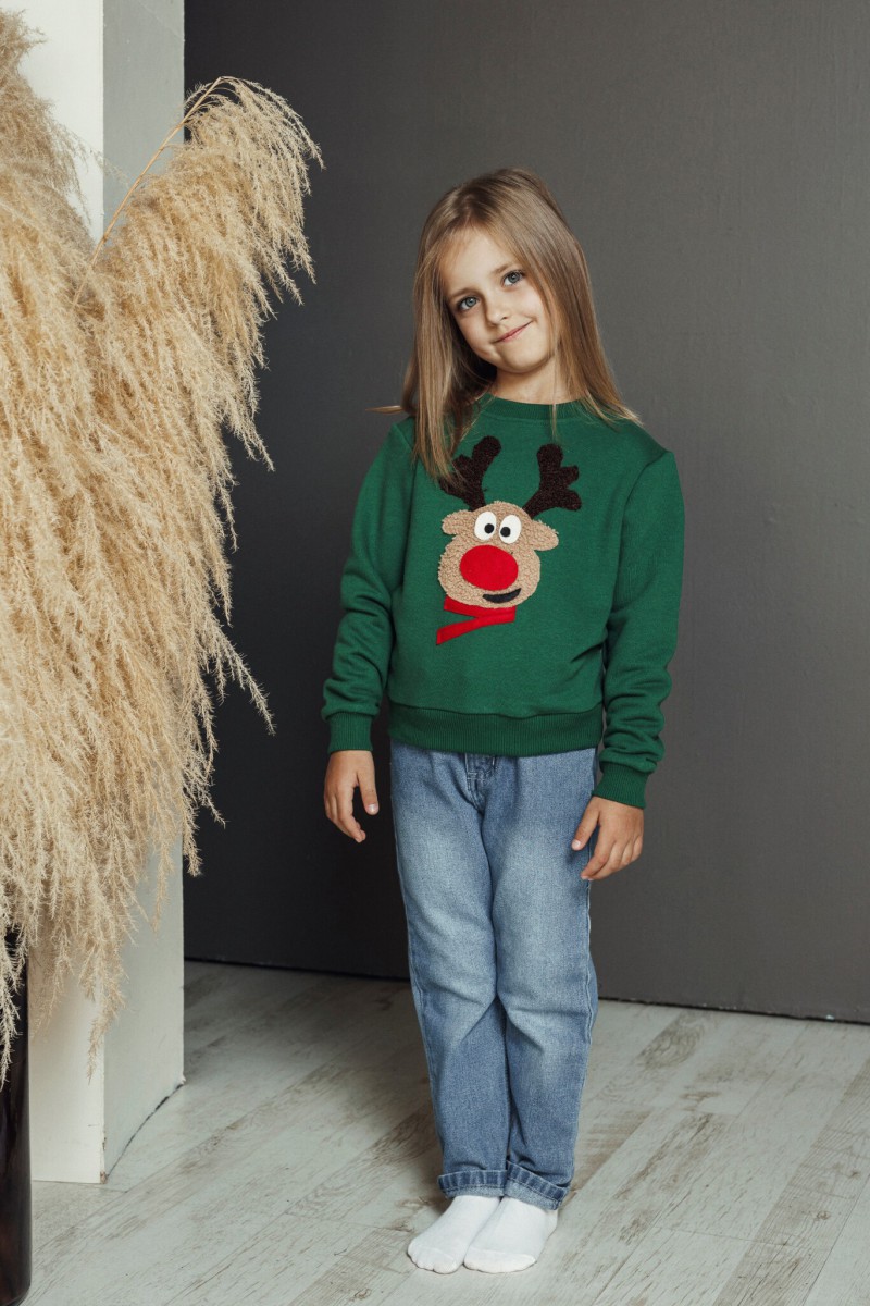 Children's green Christmas jumper with Rudolf