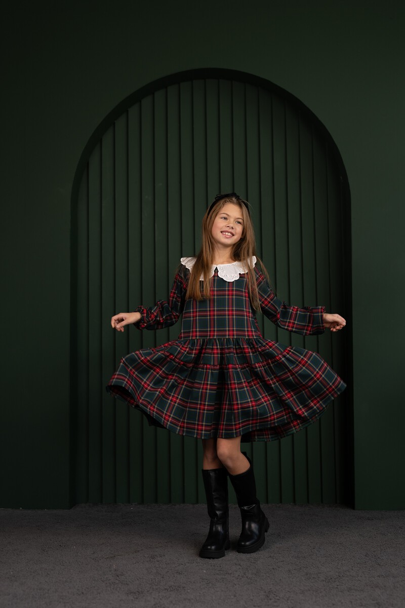 Green tartan girl's dress with collar – photo 2