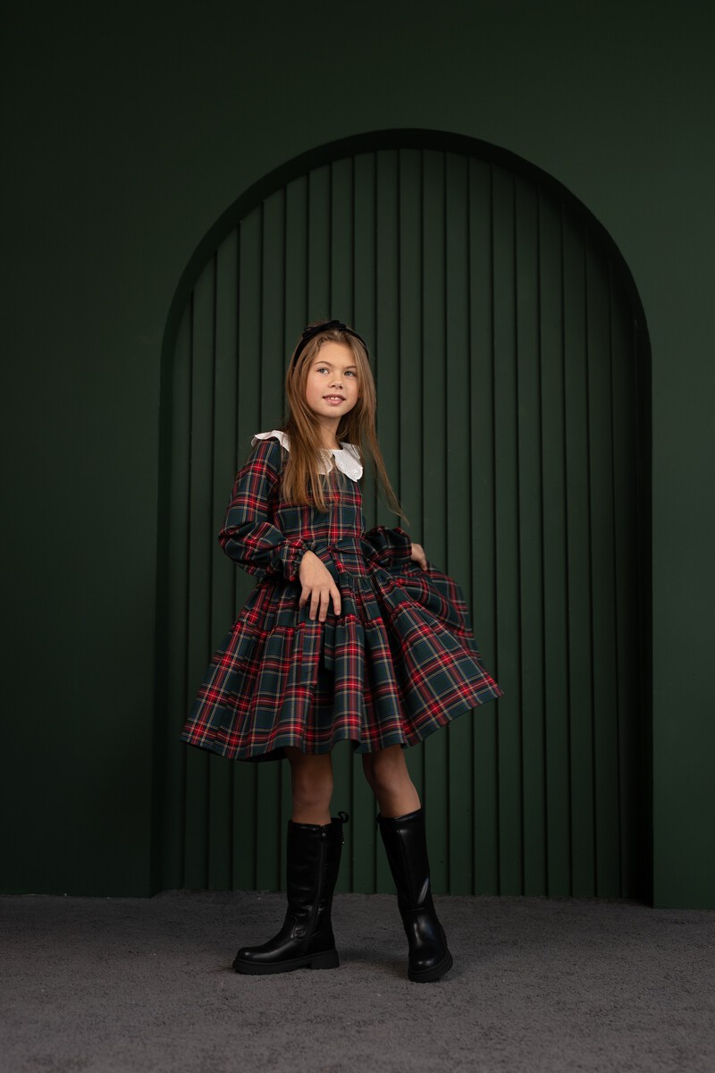 Green tartan girl's dress with collar – photo 3