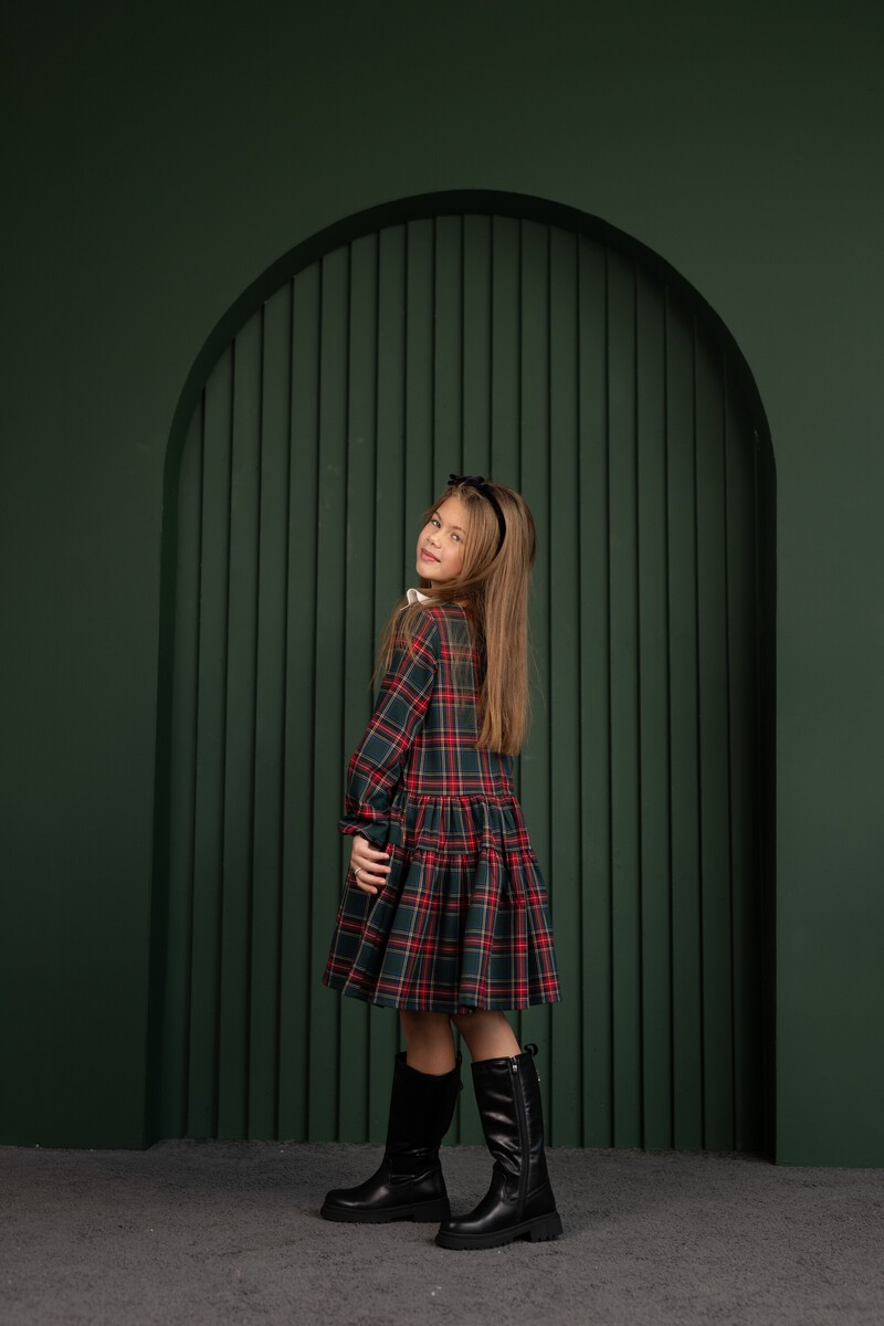 Green tartan girl's dress with collar – photo 4