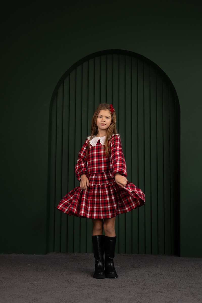 Red check girl's dress with collar