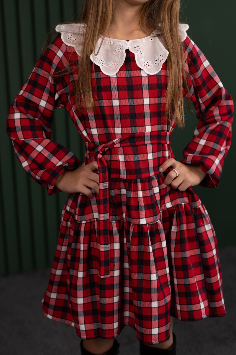Red check girl's dress with collar – photo 8
