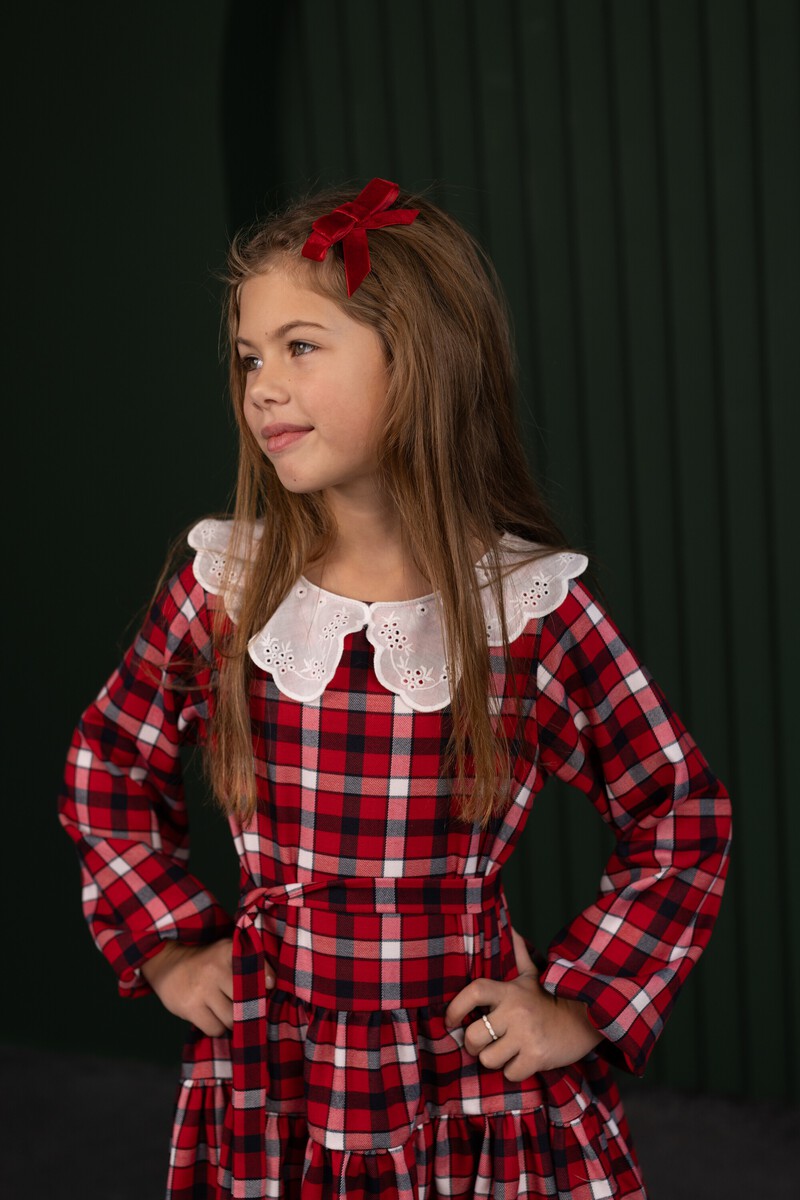 Red check girl's dress with collar – photo 7