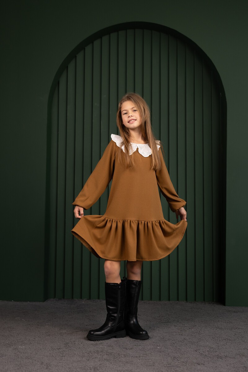 Caramel girl's dress with collar – photo 2