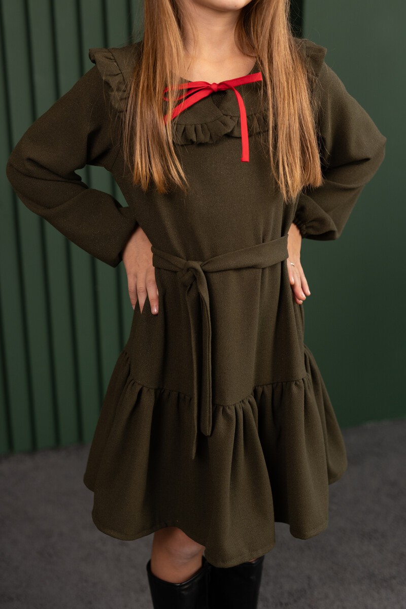Dark green girl's dress with red bow – photo 5