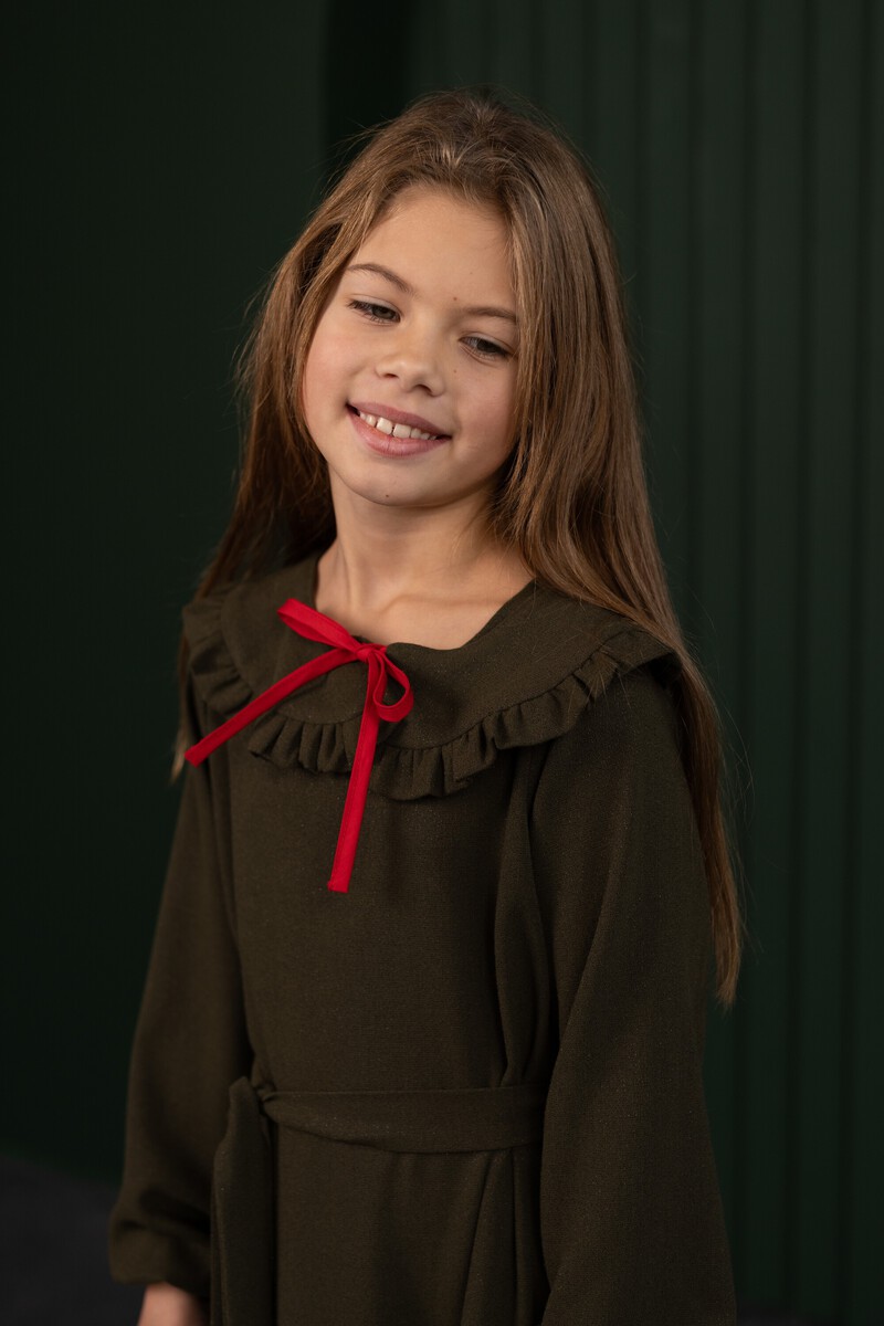 Dark green girl's dress with red bow – photo 6
