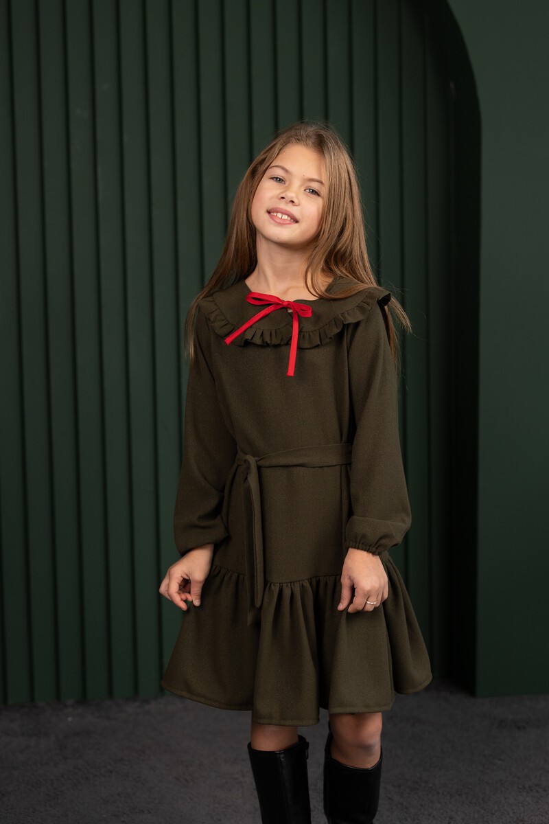 Dark green girl's dress with red bow – photo 7