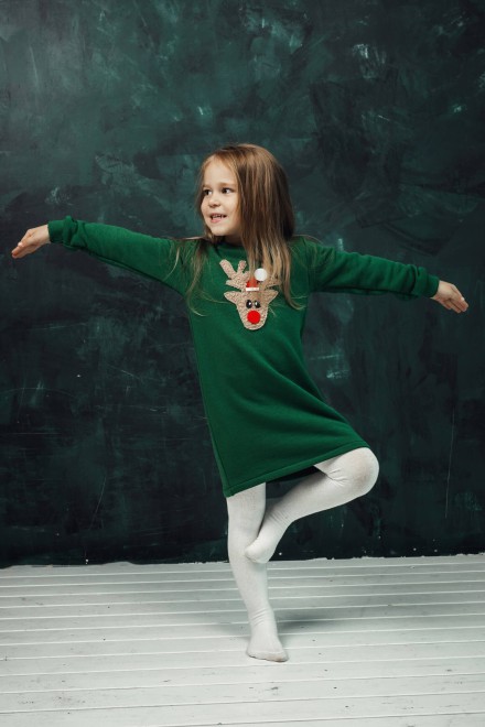Girl's green dress with a soft reindeer – another view