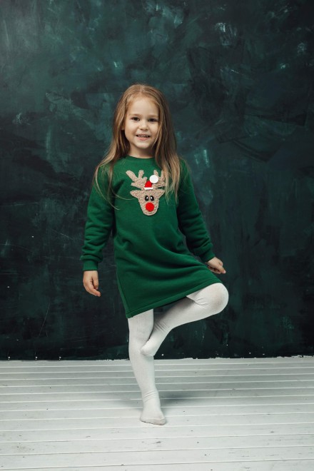 Girl's green dress with a soft reindeer