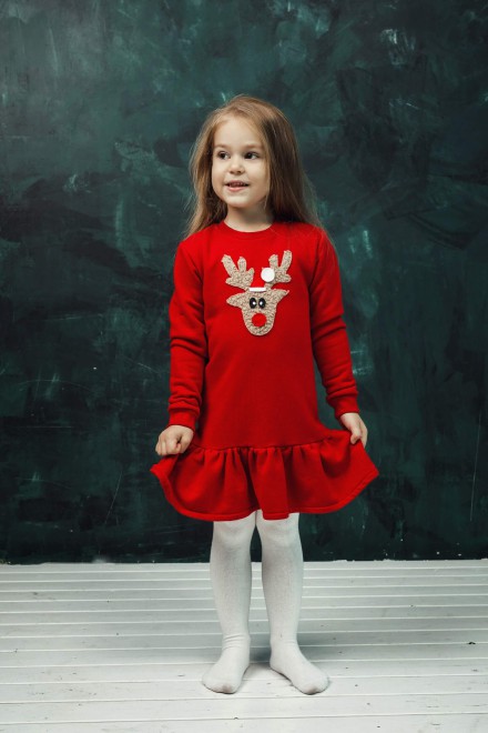 Girl's dress with a ruffle and a soft reindeer
