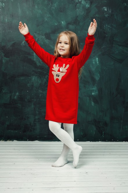 Girl's red dress with a soft reindeer – another view