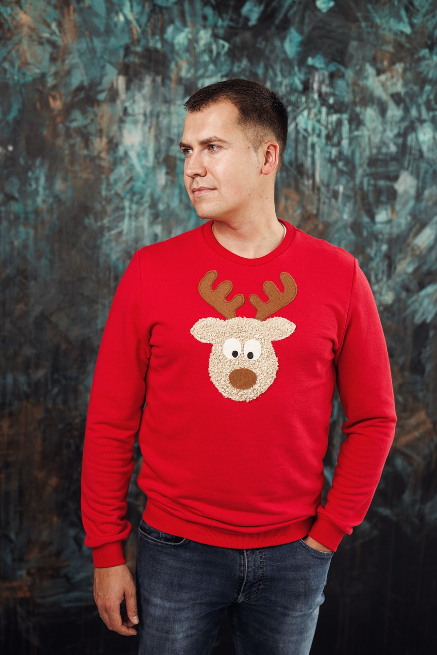 Red men's Christmas jumper with a reindeer