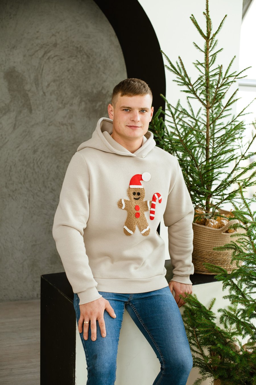 Sand men's Christmas hoodie with a gingerbread man